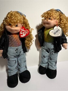 Ty Blonde Curly-Haired Plush Duo in Black Jackets and Light Blue Pants